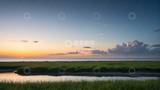 海边草地日落景观