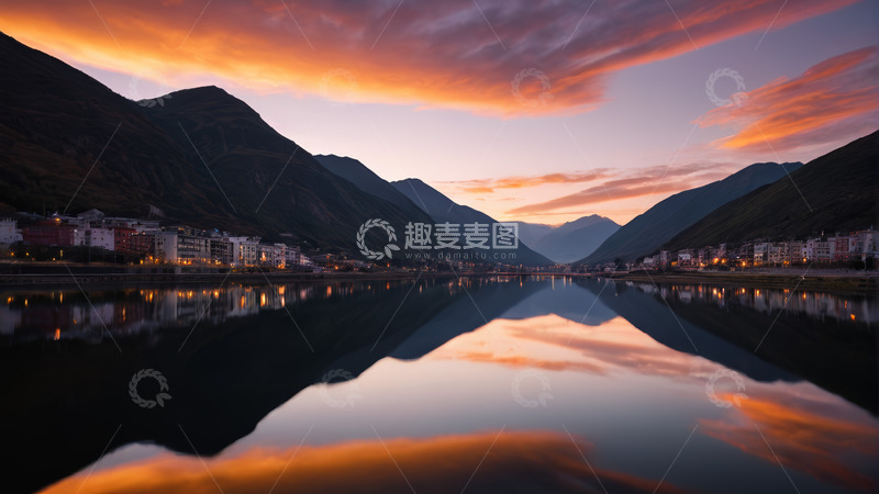 高清大图下载【趣麦麦图】山水间的黄昏日落景象