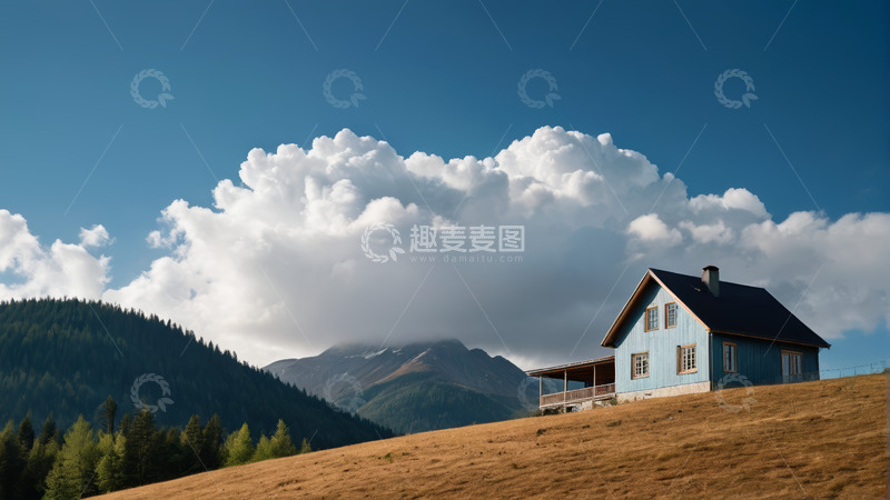 高清大图下载【趣麦麦图】山坡上的小屋与远山森林