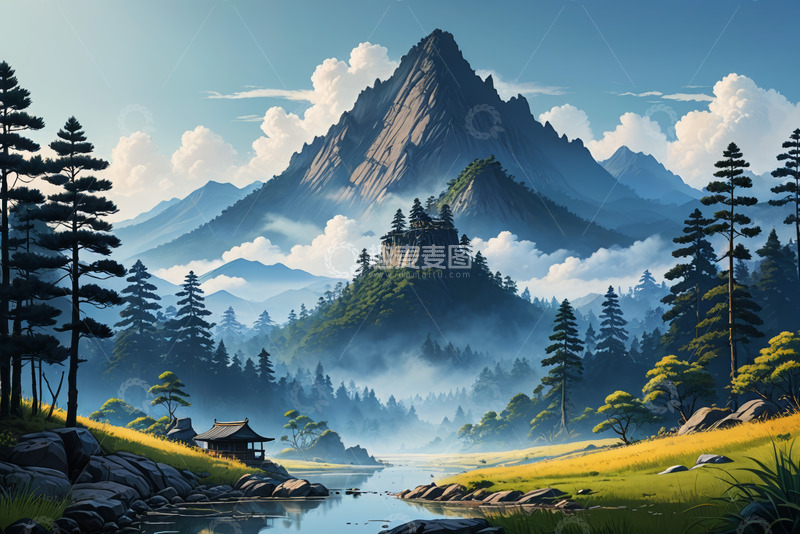 高清大图下载【趣麦麦图】山林间的小屋与自然风光