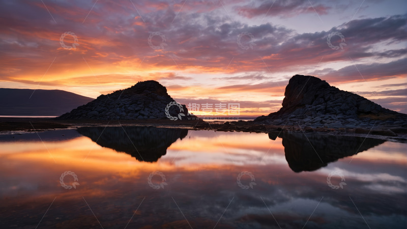 高清大图下载【趣麦麦图】湖岸日落时岩石与天空倒影