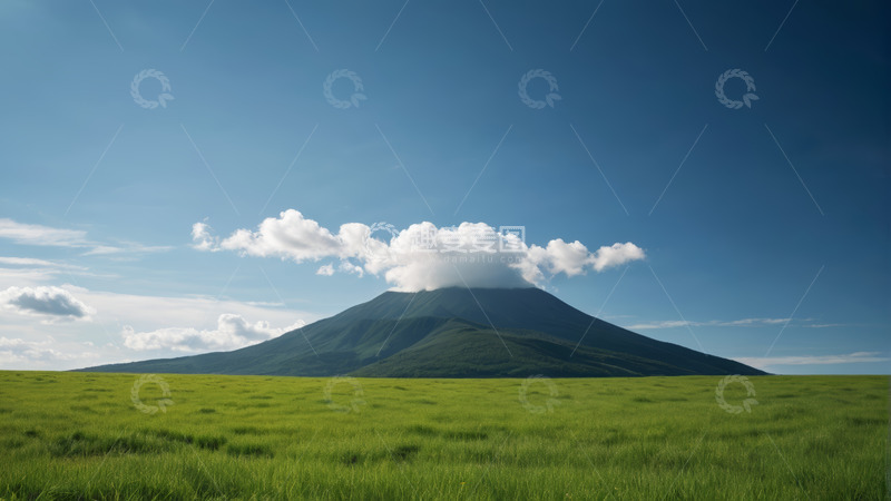 高清大图下载【趣麦麦图】草原上的山峰与蓝天白云