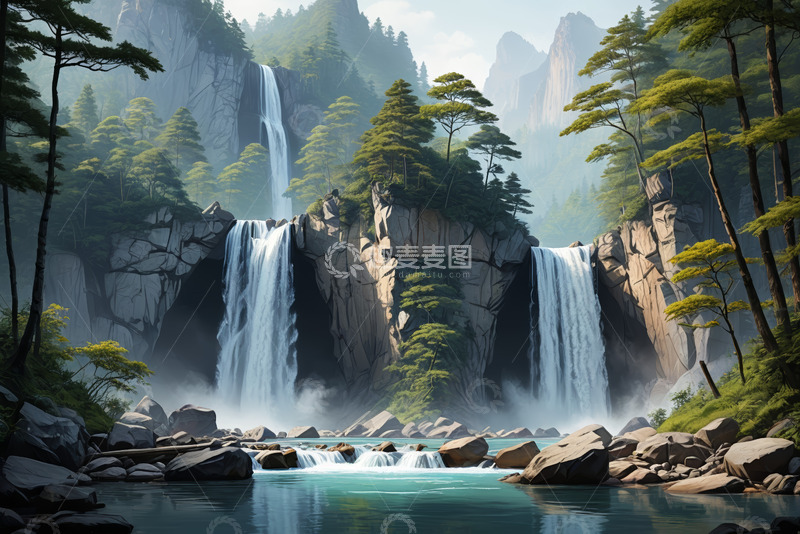 高清大图下载【趣麦麦图】山林间壮观的双瀑布风景