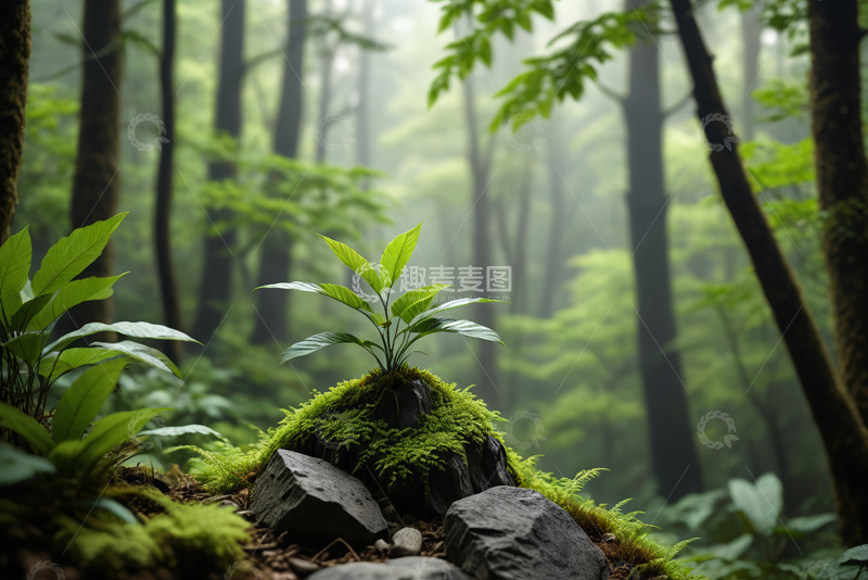 高清大图下载【趣麦麦图】森林中长在苔藓石块上的绿植