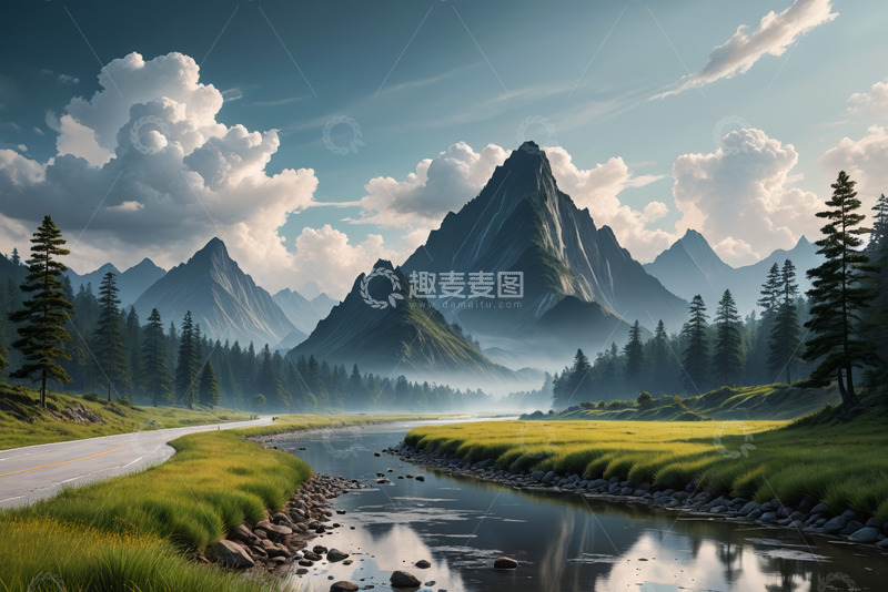 高清大图下载【趣麦麦图】山间公路河流自然风光