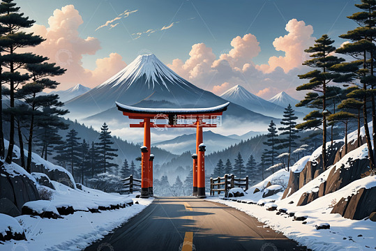 雪后富士山前的红色鸟居