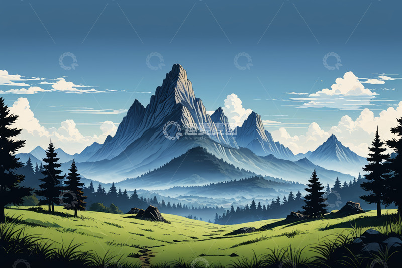 高清大图下载【趣麦麦图】山地森林自然风光插画