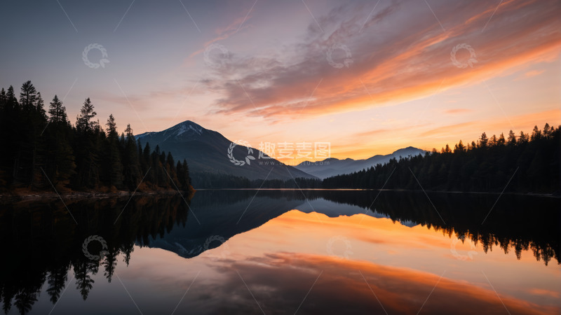 高清大图下载【趣麦麦图】山林湖泊黄昏全景