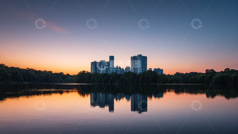 高清大图下载【趣麦麦图】湖畔城市建筑黄昏倒影