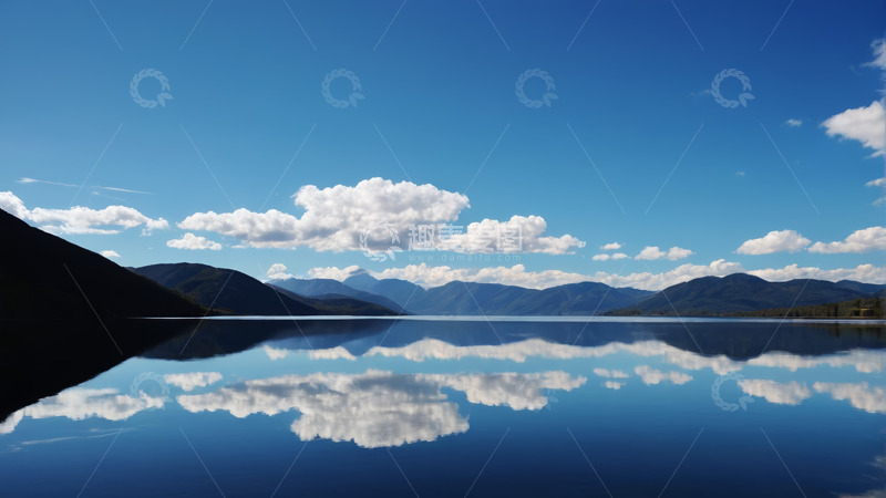 高清大图下载【趣麦麦图】蓝天白云下平静湖水与远山倒影