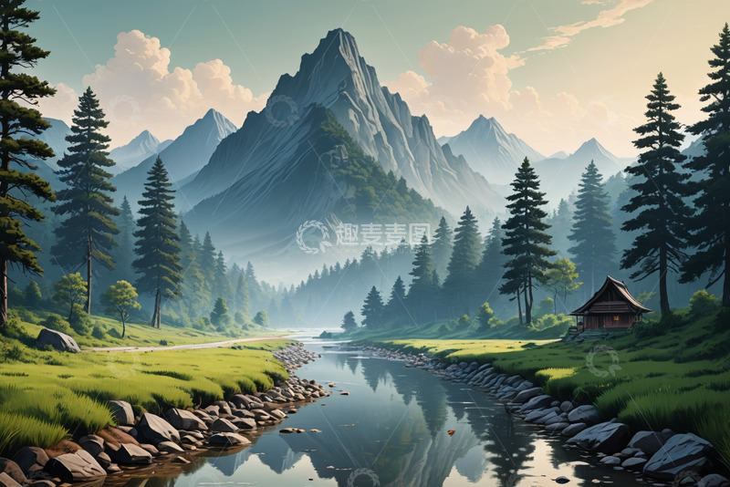 高清大图下载【趣麦麦图】山林间溪流旁的小屋风景