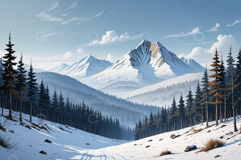 高清大图下载【趣麦麦图】雪山下的森林雪景