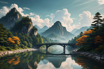 山水间的桥梁自然风光