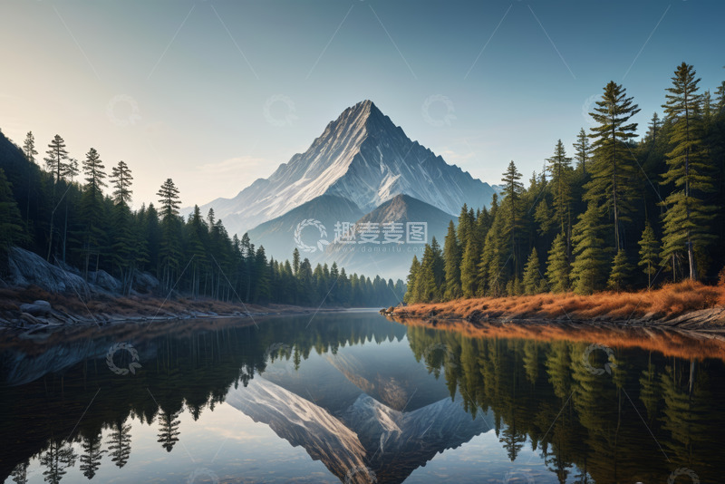 高清大图下载【趣麦麦图】山林间平静湖水与远处山峰