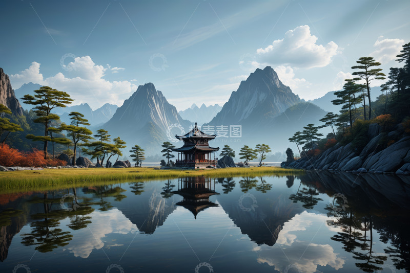 高清大图下载【趣麦麦图】山水间中式古亭自然风光