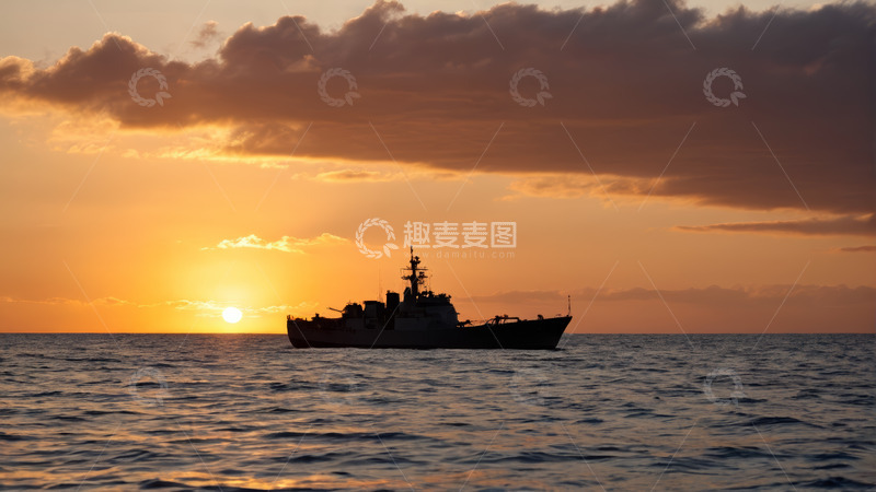 高清大图下载【趣麦麦图】海上夕阳下的船只剪影