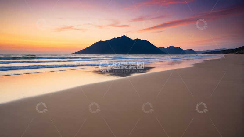 高清大图下载【趣麦麦图】海滩日落时分的山海景色