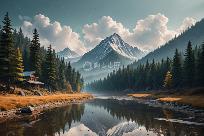 高清大图下载【趣麦麦图】山林间湖畔木屋自然风光