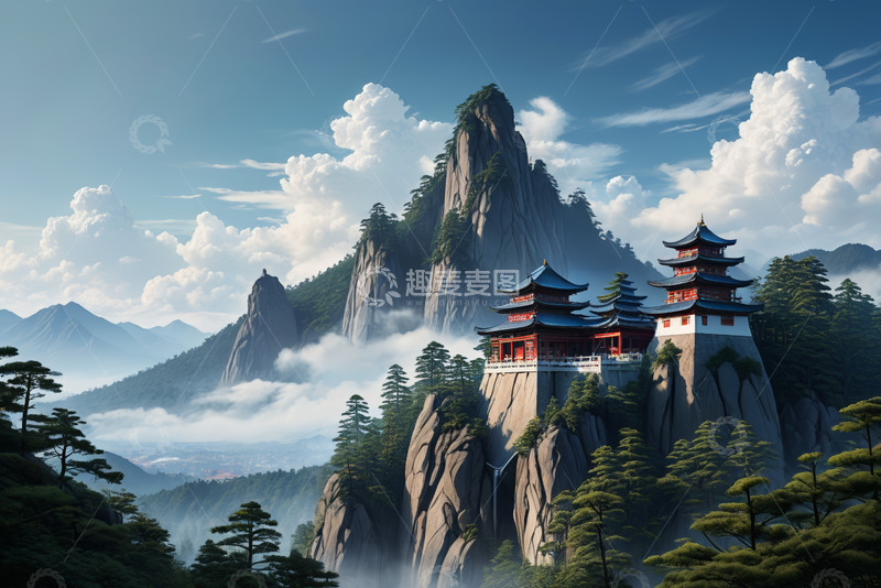高清大图下载【趣麦麦图】中国山峰上的古典建筑景观