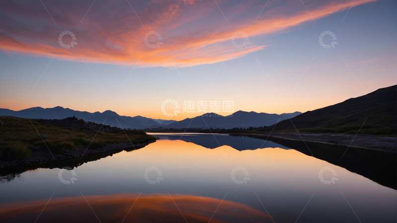 高清大图下载【趣麦麦图】山水间的美丽日落景象