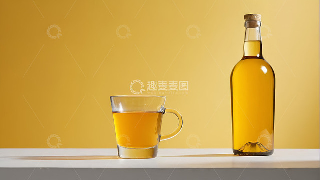 玻璃瓶与玻璃杯装黄色液体