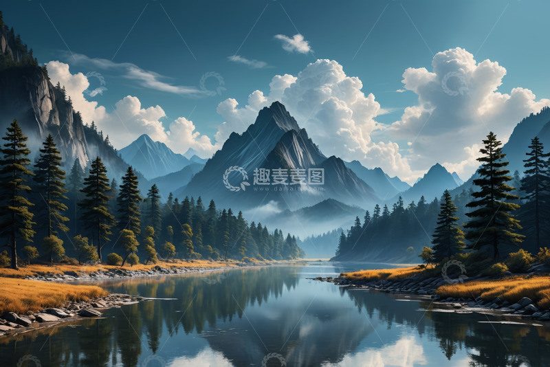 高清大图下载【趣麦麦图】山林湖泊自然风光全景