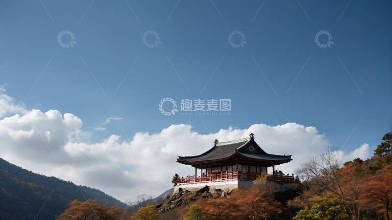 高清大图下载【趣麦麦图】山间古建筑与蓝天白云风景