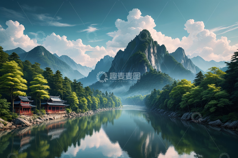 高清大图下载【趣麦麦图】山水间中式建筑自然风光