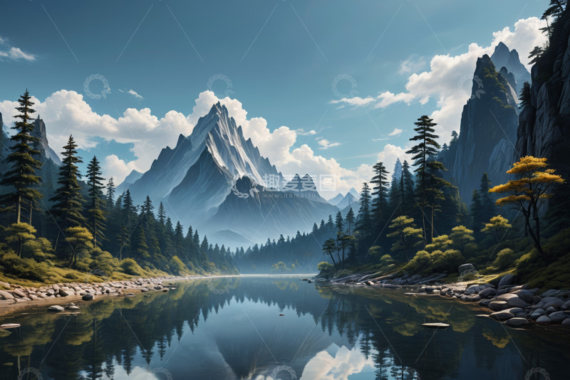 高清大图下载【趣麦麦图】山林间湖泊与远山自然风景