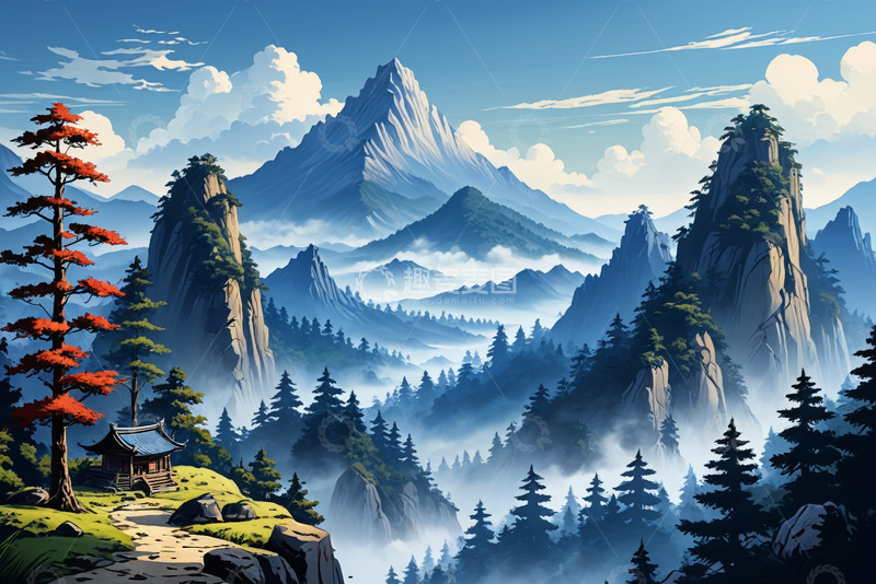 高清大图下载【趣麦麦图】山间森林中式小屋风景