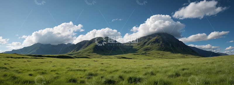 高清大图下载【趣麦麦图】草原上的青山与蓝天白云景观