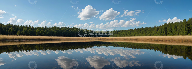 高清大图下载【趣麦麦图】森林旁平静湖水与蓝天白云倒影