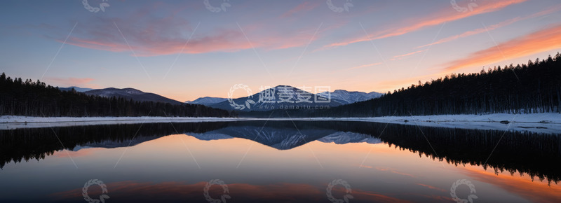 高清大图下载【趣麦麦图】湖畔山林日出自然风光