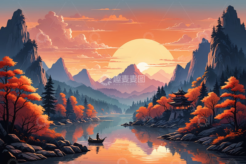 高清大图下载【趣麦麦图】山水间夕阳下的垂钓景致