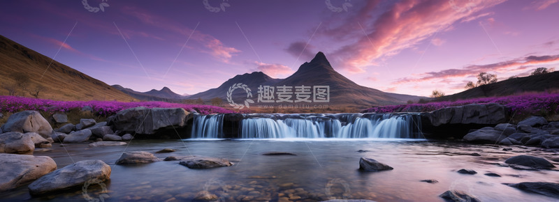 高清大图下载【趣麦麦图】山间溪流与远山日落美景