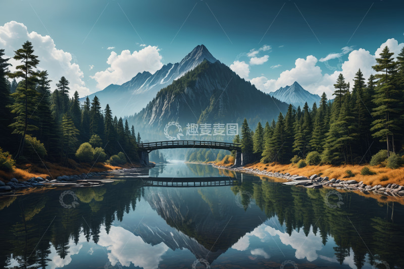 高清大图下载【趣麦麦图】山林间河流上的木桥自然风光