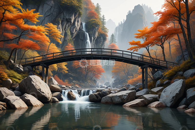 高清大图下载【趣麦麦图】秋景中式山水间的桥与瀑布