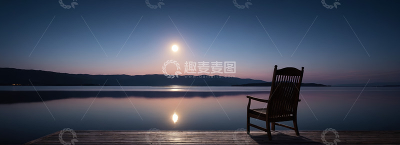 高清大图下载【趣麦麦图】湖畔木椅月夜静谧场景