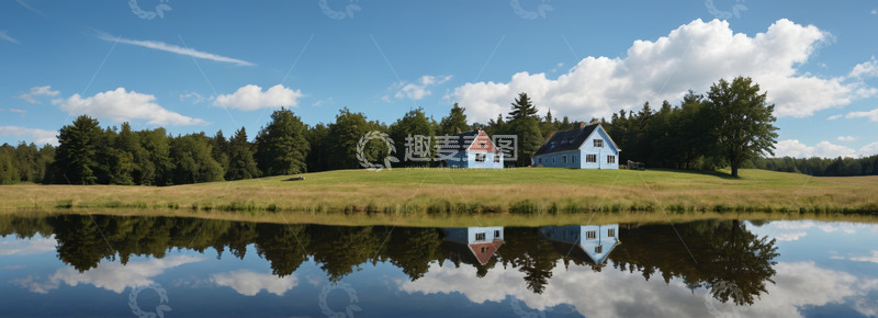 高清大图下载【趣麦麦图】湖畔森林旁的田园小屋景观