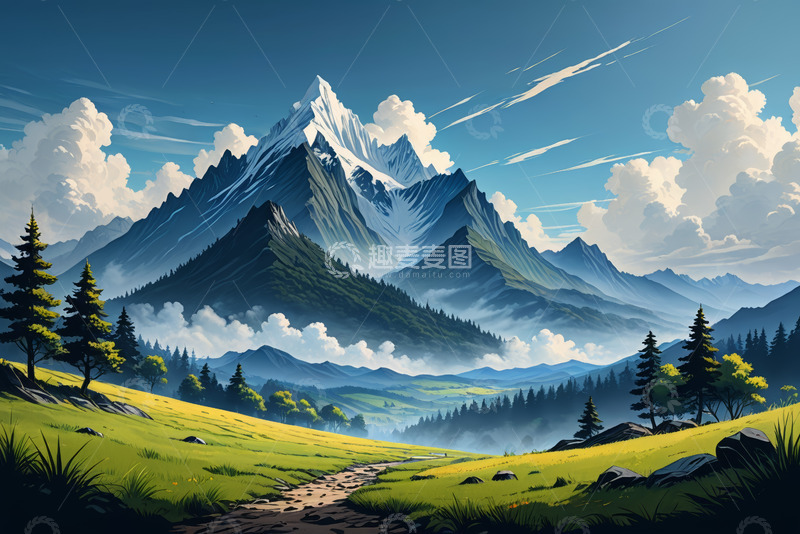 高清大图下载【趣麦麦图】山间草地森林风景全景