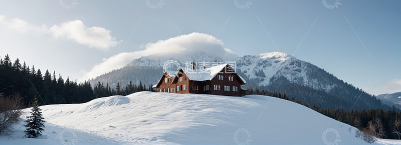 雪山下雪地中的木屋