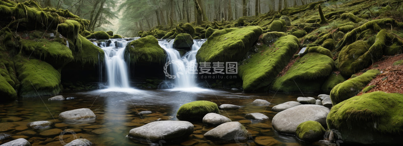 高清大图下载【趣麦麦图】森林中潺潺流水的小瀑布