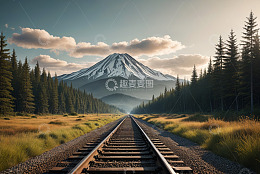 铁路延伸至雪山森林的风景