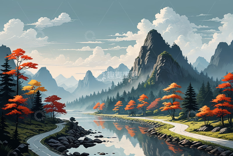 高清大图下载【趣麦麦图】山水间蜿蜒小路与多彩树林景观