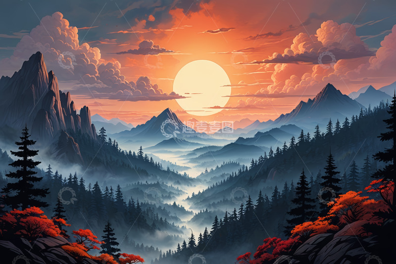 高清大图下载【趣麦麦图】山间日落森林风光