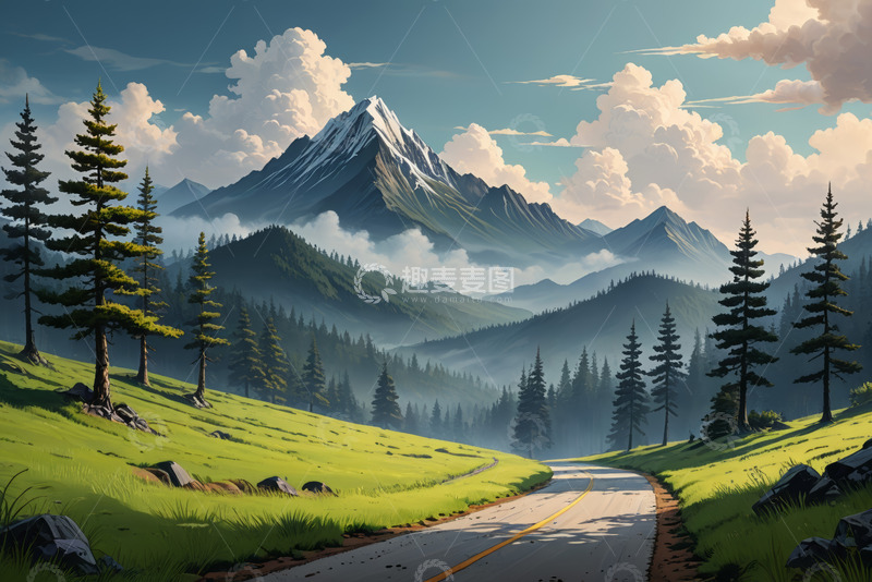 高清大图下载【趣麦麦图】山间公路旁的森林与远山景观