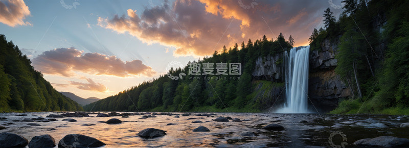 高清大图下载【趣麦麦图】森林瀑布日落自然景观