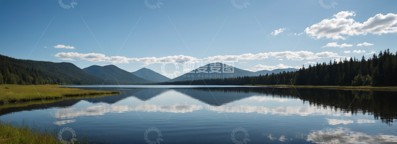 高清大图下载【趣麦麦图】宁静湖泊与远山森林景观