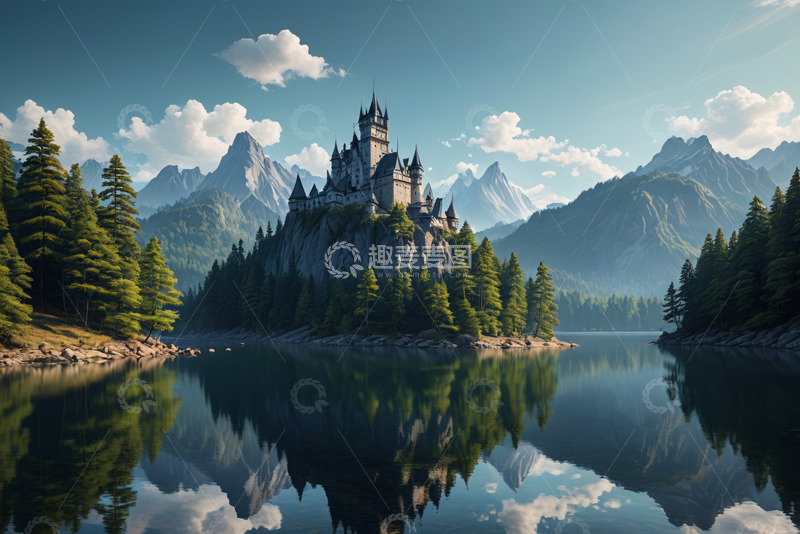 高清大图下载【趣麦麦图】山间湖泊旁的城堡景观