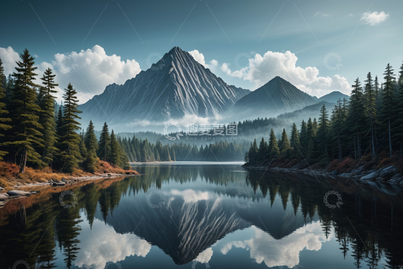 高清大图下载【趣麦麦图】-山林湖泊自然风光全景